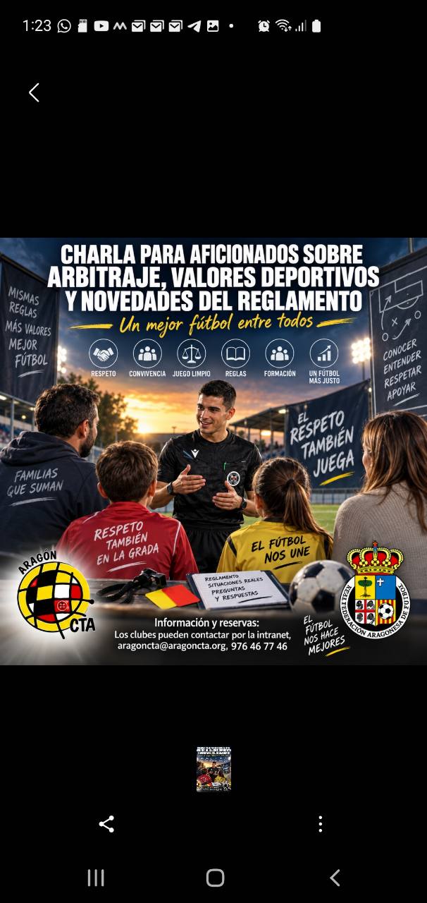 Cartel de la charla para aficionados sobre arbitraje, valores deportivos y novedades del reglamento